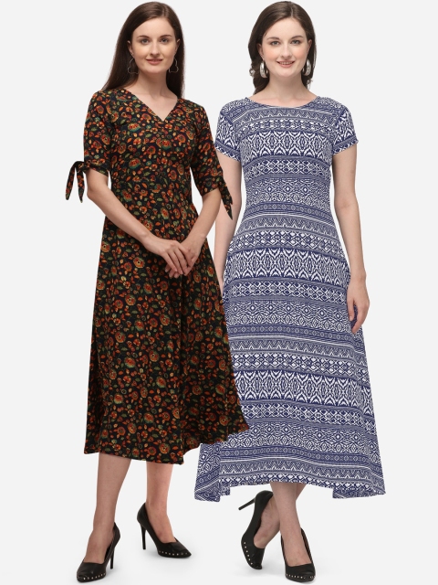 

SAADHVI Pack of 2 Blue & Black Floral Crepe Midi Dress