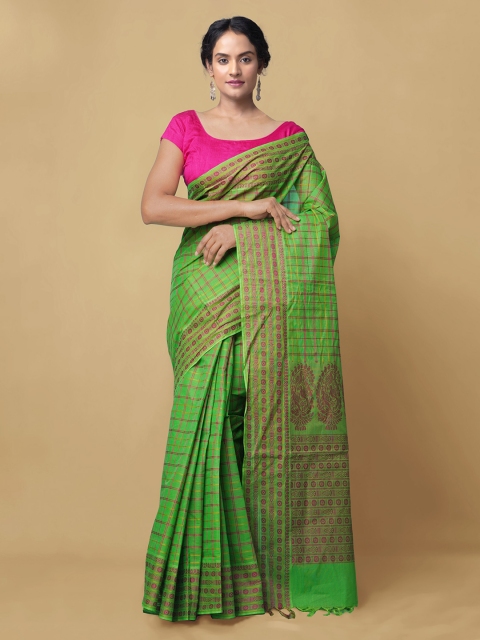 

Unnati Silks Green Pure Cotton Checked Mysore Silk Saree