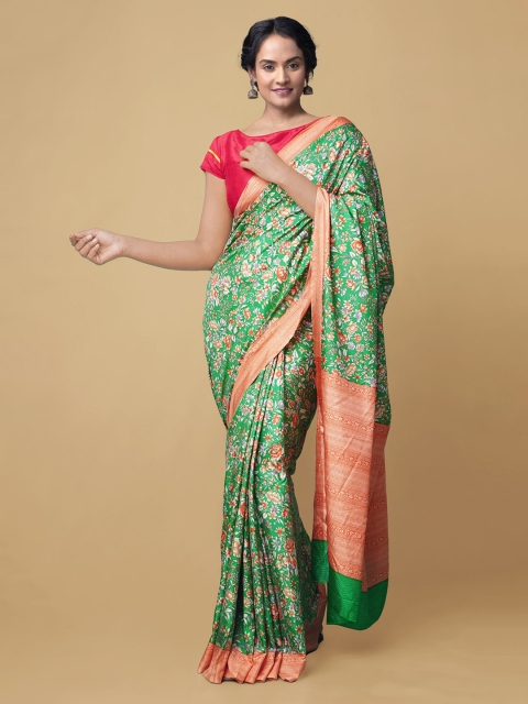 Unnati Silks Green & White Pure Crepe Printed Patola Handloom Saree
