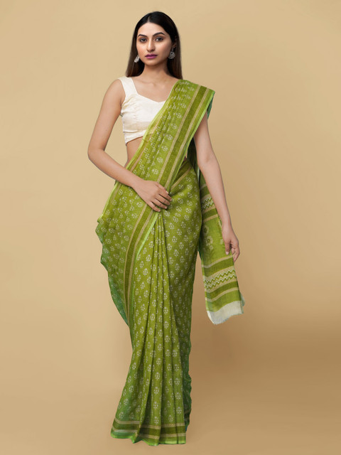 

Unnati Silks Green Pure Cotton Hand Block Printed Kota Saree