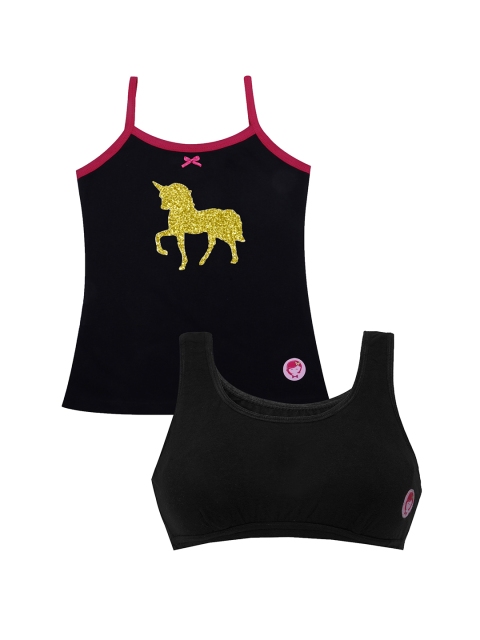 

DChica Black & Gold-Toned Solid Non-Wired Non Padded Workout Bra With Camisole