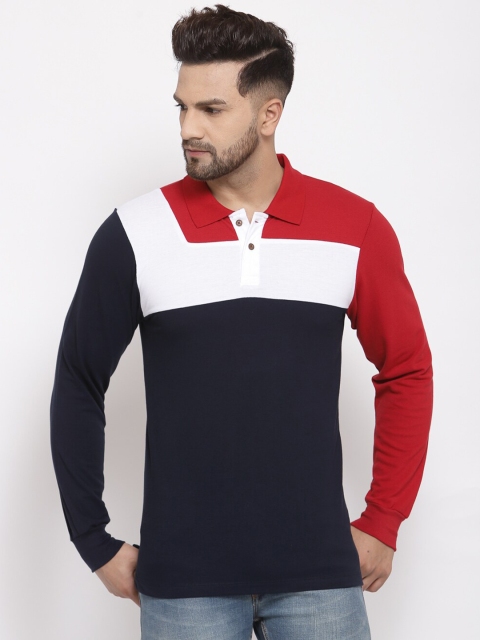 

Kalt Men Navy & White Colourblocked Polo Collar T-shirt, Navy blue