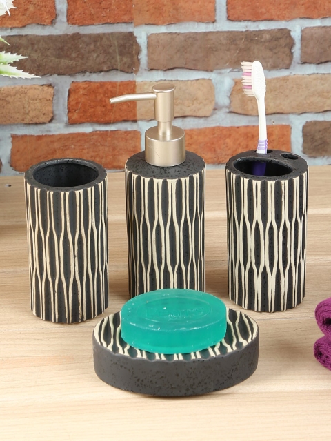 

House Of Accessories Set Of 4 Black & Beige Textured Ceramic Bathroom Accessories