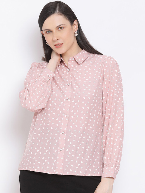 

FOSH Women Pink & White Regular Fit Printed Casual Shirt