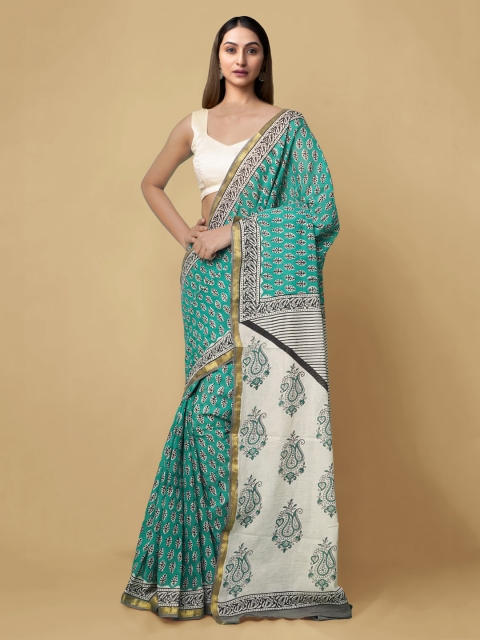 

Unnati Silks Sea Green Pure Cotton Printed Bagru Saree