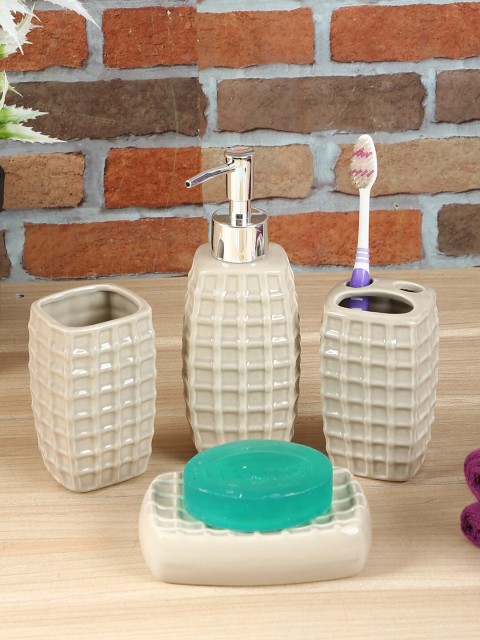 

House Of Accessories Set Of 4 Beige Self Checked Ceramic Bath Accessory