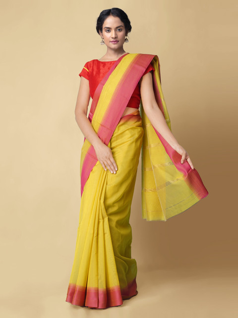 

Unnati Silks Orange Silk Cotton Solid Baluchari Saree