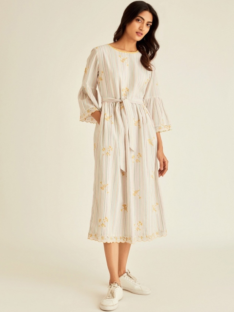 

Ancestry Cream-Coloured Floral Embroidered A-Line Pure Cotton Midi Dress