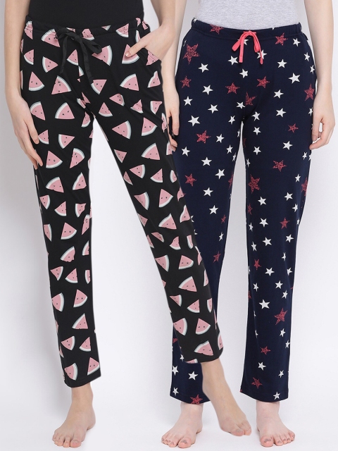 

Kanvin Women Pack of 2 Printed Pure Cotton Lounge Pants, Black