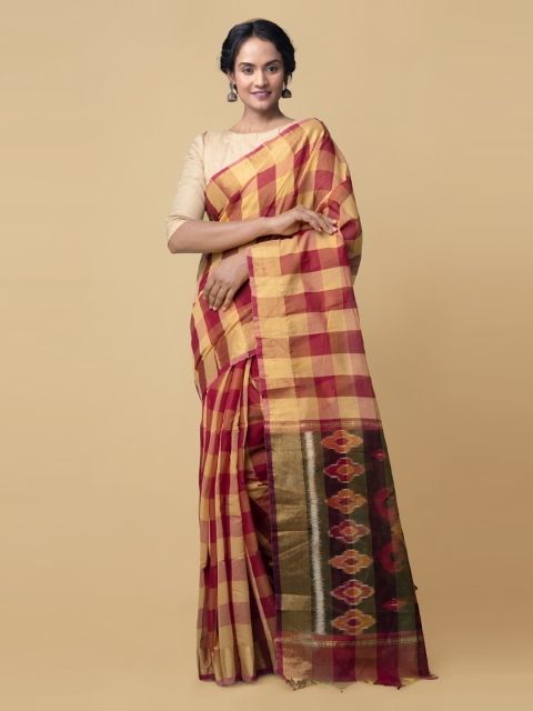 

Unnati Silks Red & Yellow Cotton Blend Checked Mysore Silk Sustainable Saree