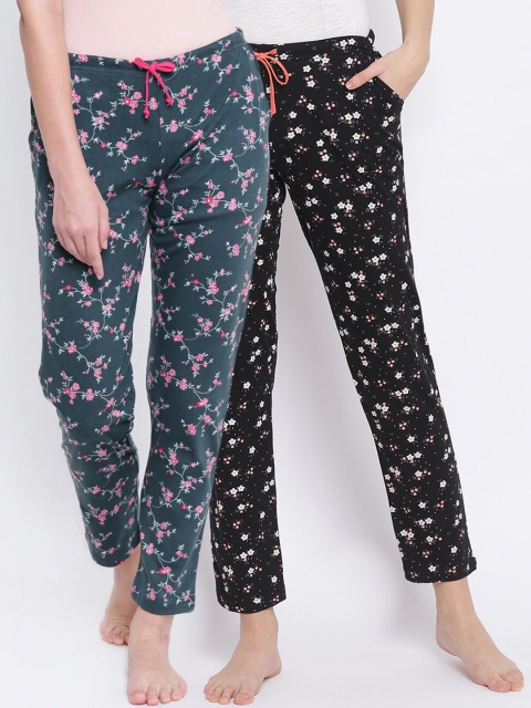 

Kanvin Women Pack of 2 Floral Print Pure Cotton Lounge Pants, Black