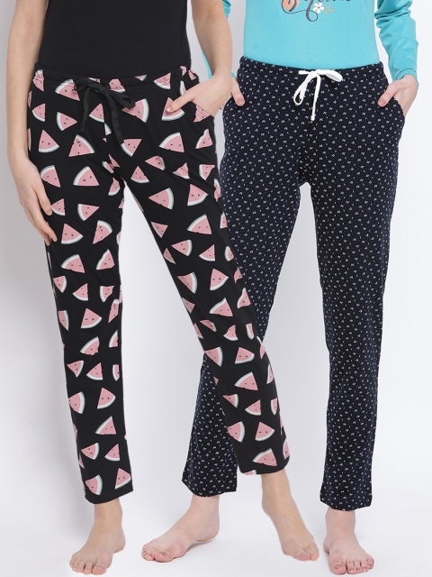 Kanvin Women Pack of 2 Printed Pure Cotton Lounge Pants, Black