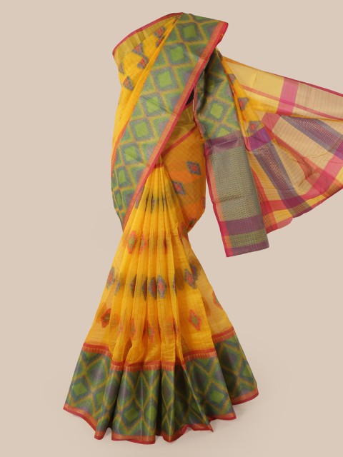 

Pothys Yellow Cotton Blend Printed Chanderi Saree