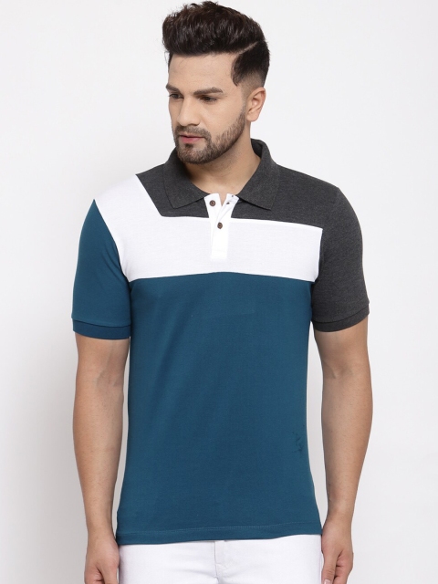 

Kalt Men Teal Blue & White Colourblocked Polo Collar T-shirt