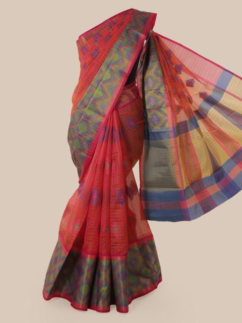 

Pothys Peach-Coloured & Blue Cotton Blend Woven Design Chanderi Saree