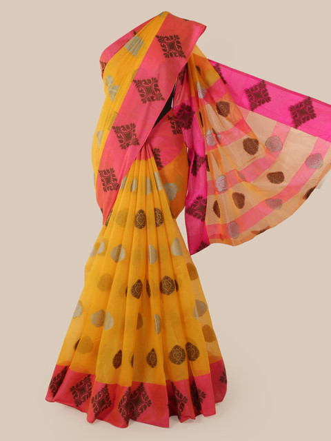 

Pothys Yellow Cotton Blend Woven Design Chanderi Saree