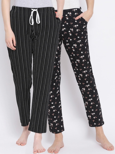 

Kanvin Women Pack of 2 Black & White Pure Cotton Lounge Pants