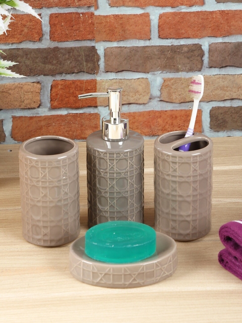 

House Of Accessories Set of 4 Brown Geometric Textured Bathroom Accessories Set