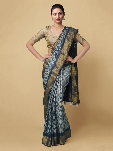 

Unnati Silks Navy Blue Pure Silk Printed Tussar Handloom Saree