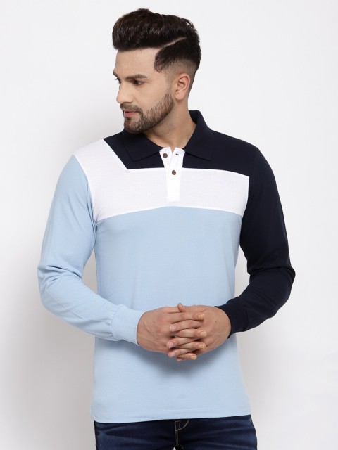 

Kalt Men Blue & White Colourblocked Polo Collar T-shirt