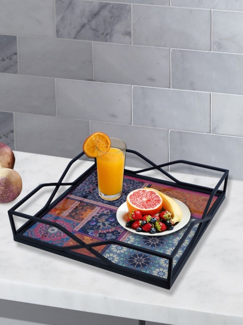 

nestroots Black & Blue Printed Square Wooden Serving Tray