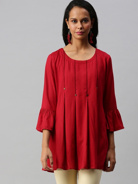 

Soch Red Viscose Rayon Box Pleated Tunic with Thread Work