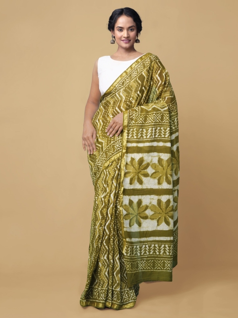

Unnati Silks Green & Off-White Pure Cotton Printed Dabu Saree
