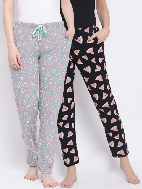 

Kanvin Women Pack of 2 Printed Pure Cotton Lounge Pants, Black