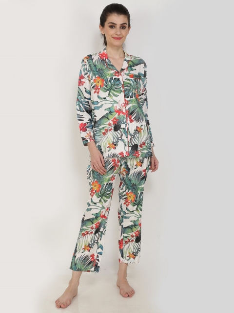 

Aujjessa Women White & Green Printed Night Suit