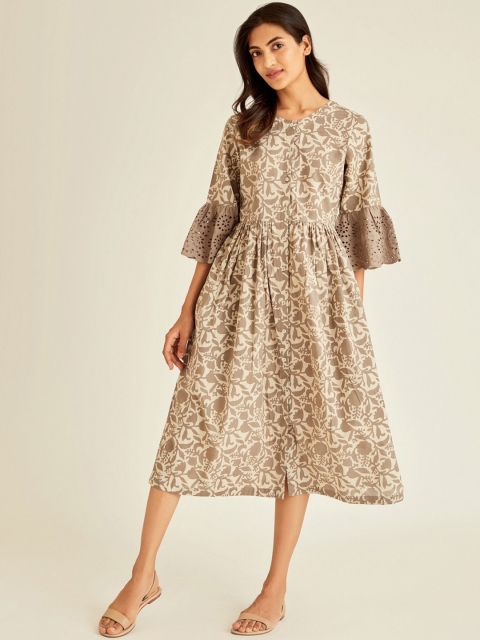 

Ancestry Beige & Taupe Floral A-Line Pure Cotton Midi Dress
