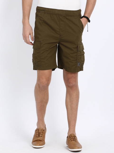 

t-base Men Olive Green Solid Regular Fit Pure Cotton Cargo Shorts
