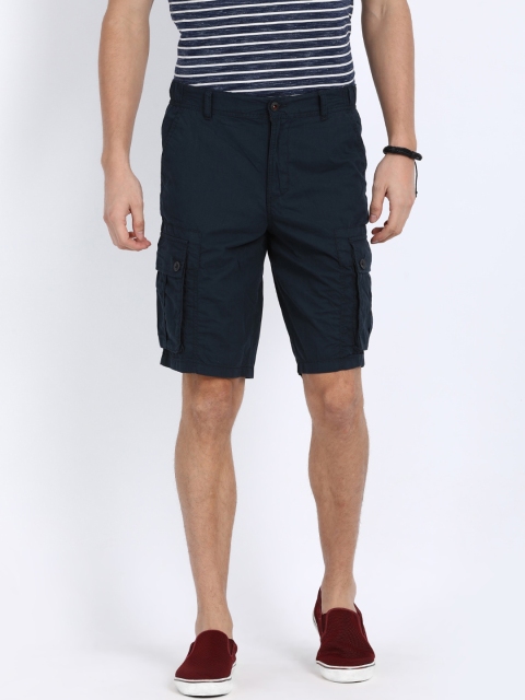 

t-base Men Navy Blue Solid Regular Fit Pure Cotton Cargo Shorts