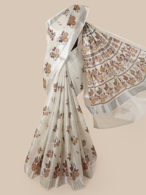 

Pothys Off-White & Brown Cotton Blend Printed Saree