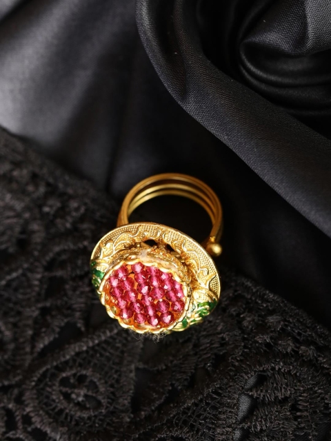 

Priyaasi Pink & Green Gold-Plated Stone-Studded Handcrafted Adjustable Finger Ring
