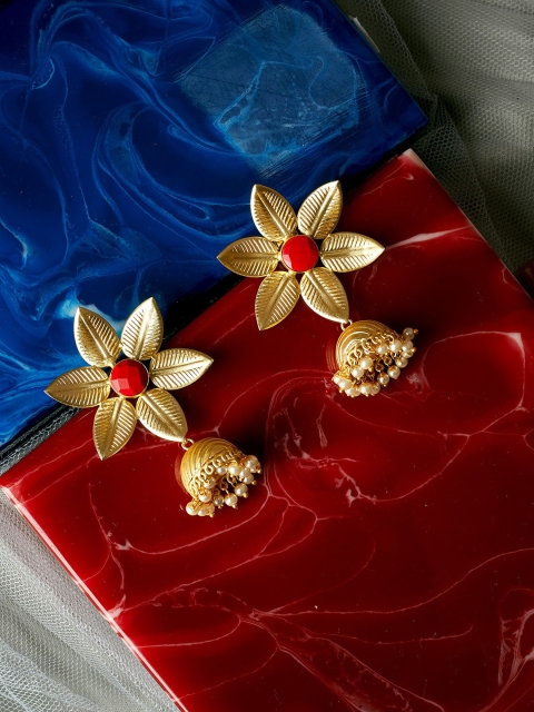

PANASH Gold-Plated & Red Handcrafted Floral Jhumkas