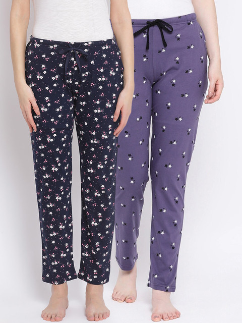 

Kanvin Women Pack of 2 Printed Pure Cotton Lounge Pants, Navy blue
