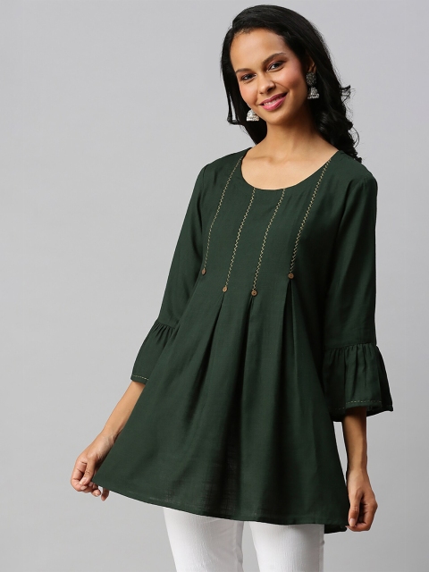 

Soch Green Viscose Rayon Box Pleated Tunic with Thread Work