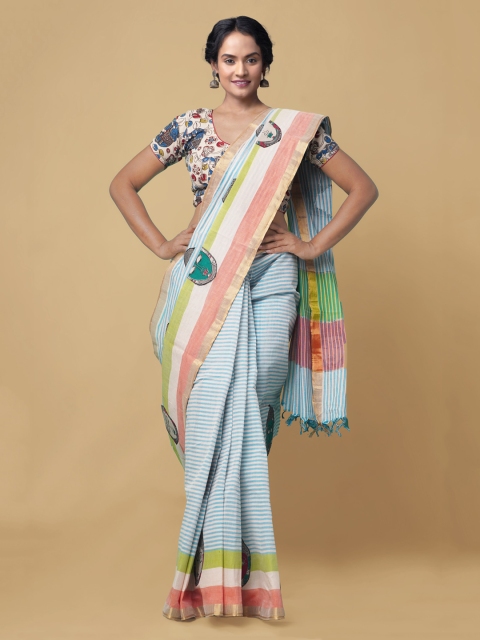 

Unnati Silks Cream-Coloured Striped Mangalagiri Saree
