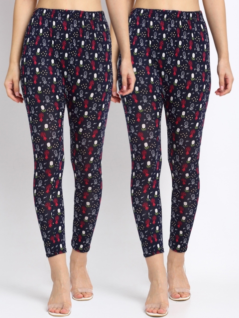 

NEUDIS Women Pack Of 2 Navy Blue & White Printed Skinny-Fit Ankle-Length Leggings