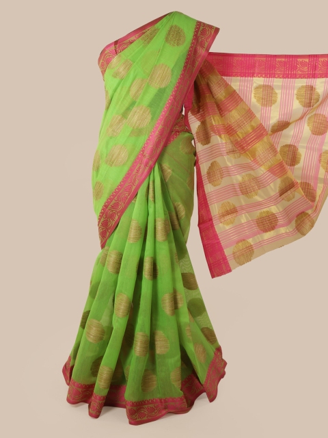

Pothys Green & Pink Cotton Blend Woven Design Chanderi Saree