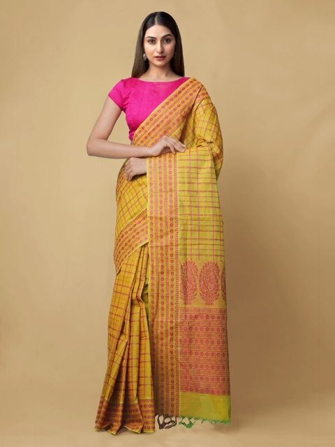 

Unnati Silks Green & Yellow Pure Cotton Printed Handloom Mysore Silk Saree