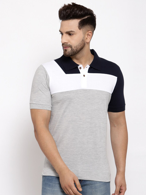 

Kalt Men Grey Melange & White Colourblocked Polo Collar T-shirt