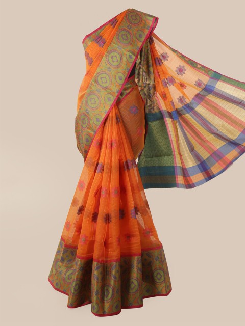 

Pothys Orange Cotton Blend Checked Chanderi Saree