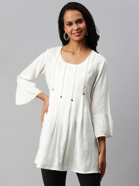 

Soch White Viscose Rayon Box Pleated Tunic with Thread Work