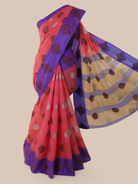 

Pothys Peach-Coloured & Blue Cotton Blend Woven Design Chanderi Saree