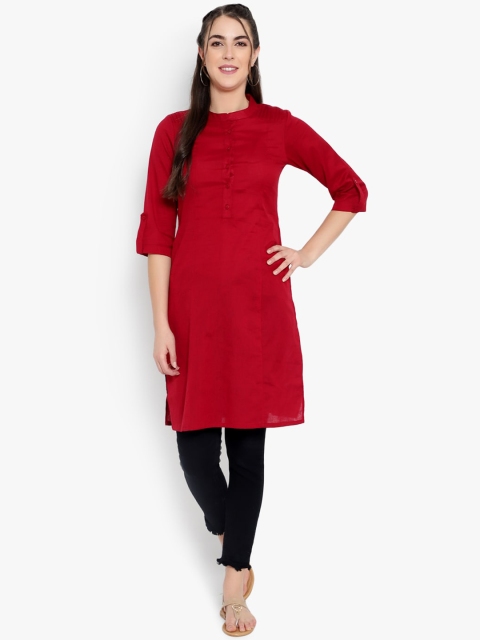 

Ayaany Women Red Band Collar Roll-Up Sleeves Cotton Kurta