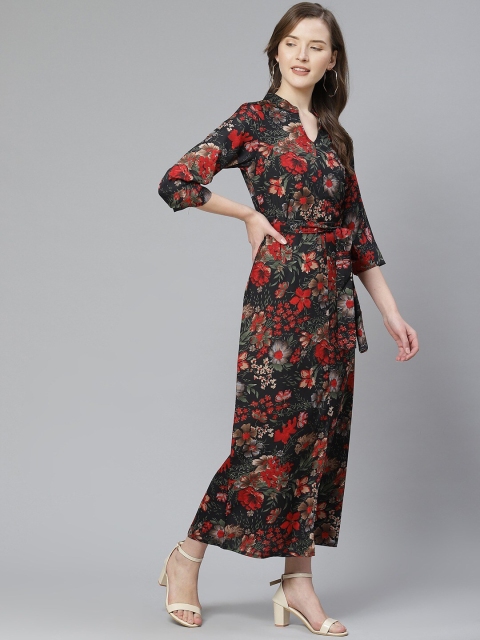 

SIRIKIT Women Black & Red Printed Floral Print Crepe Belted Maxi Dress