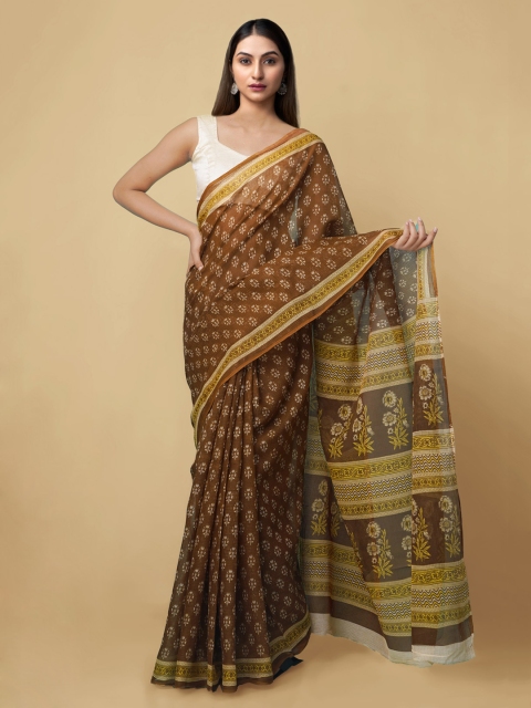 

Unnati Silks Brown & Yellow Pure Cotton Printed Kota Saree
