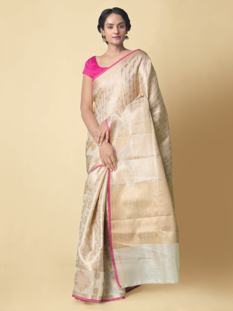 

Unnati Silks Cream-Coloured & Gold-Toned Silk Cotton Woven Design Banarasi Saree