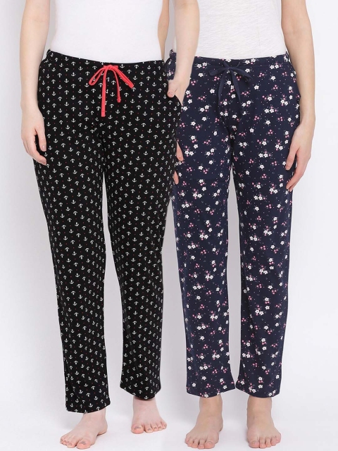 

Kanvin Women Pack Of 2 Printed Pure Cotton Lounge Pants, Navy blue